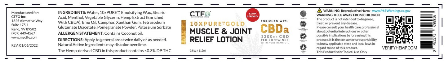 10x PURE™-GOLD, Muscle & Joint Relief Lotion Enriched with CBDa